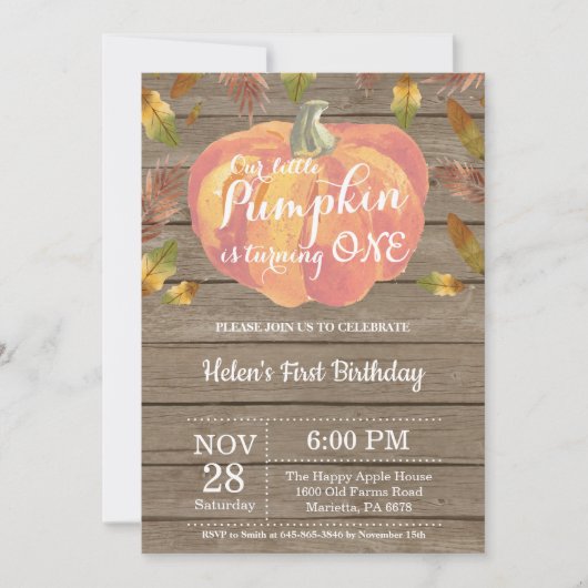 Rustic Pumpkin First Birthday Invitation Sinaasapp Kaart (Voorkant)