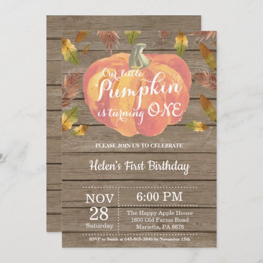 Rustic Pumpkin First Birthday Invitation Sinaasapp Kaart (Voorkant / Achterkant)
