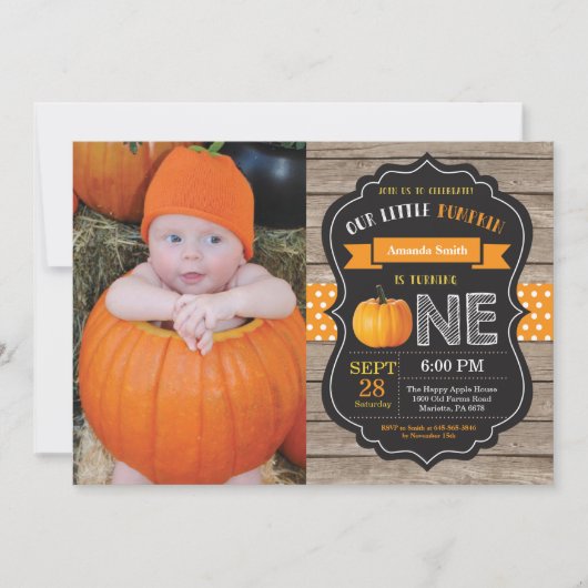 Rustic Pumpkin First Birthday Invitation Sinaasapp Kaart (Voorkant)