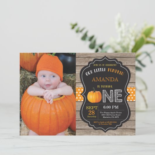Rustic Pumpkin First Birthday Invitation Sinaasapp Kaart (Staand voorkant)
