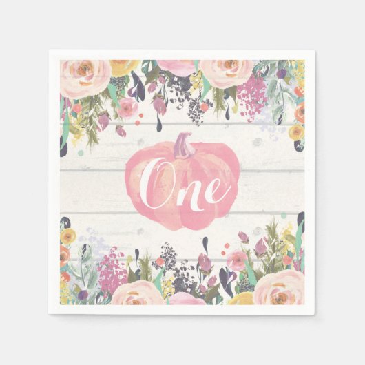 Rustic Pumpkin First Birthday Waterverf Floral Servet (Voorkant)