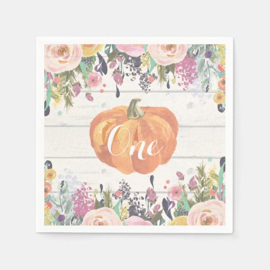 Rustic Pumpkin First Birthday Waterverf Floral Servet (Voorkant)