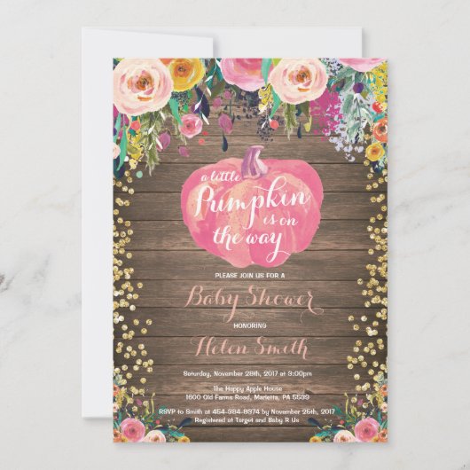 Rustic Pumpkin Floral Girl Baby shower Kaart (Voorkant)