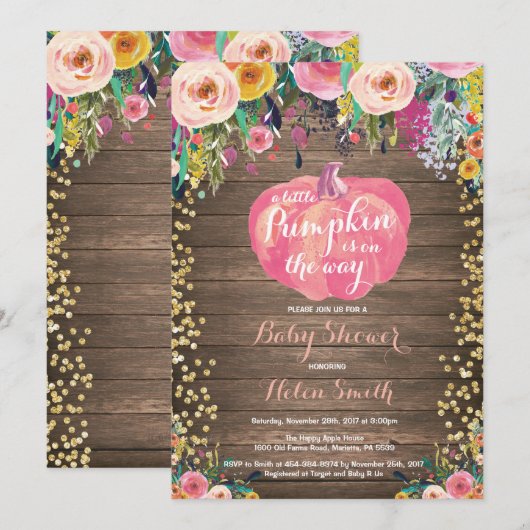 Rustic Pumpkin Floral Girl Baby shower Kaart (Voorkant / Achterkant)