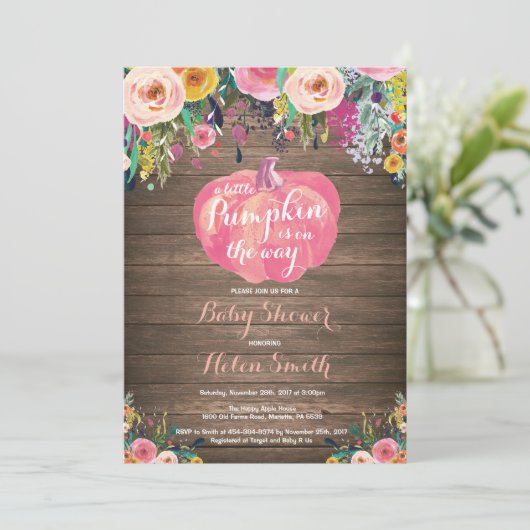 Rustic Pumpkin Floral Girl Baby shower Kaart (Staand voorkant)