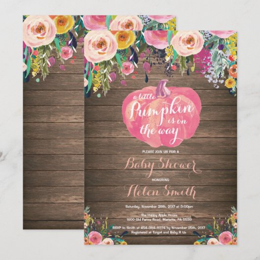 Rustic Pumpkin Floral Girl Baby shower Kaart (Voorkant / Achterkant)