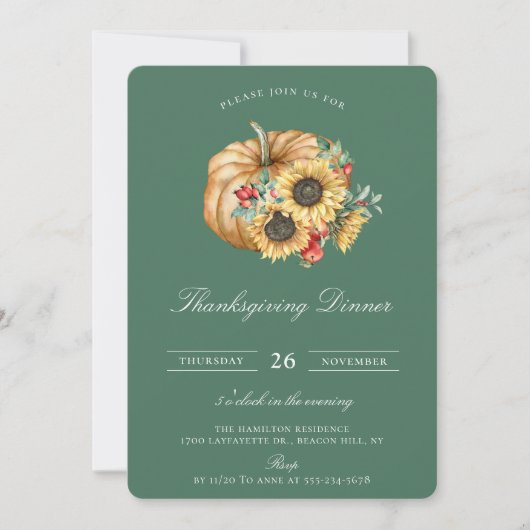 Rustic Pumpkin Floral Thanksgiving Dinner Green Kaart (Voorkant)