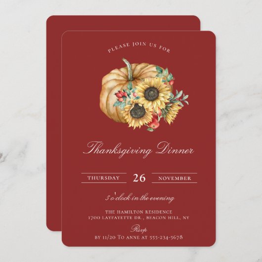 Rustic Pumpkin Floral Thanksgiving Dinner Kaart (Voorkant / Achterkant)