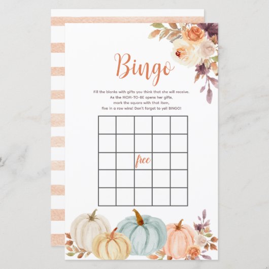 Rustic Pumpkin Floral Waterverf Bingo Game (Voorkant / Achterkant)