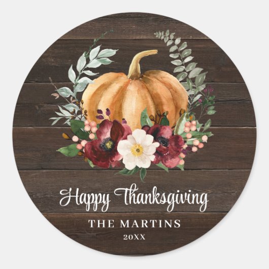 Rustic Pumpkin Happy Thanksgiving Favor Ronde Sticker (Voorkant)