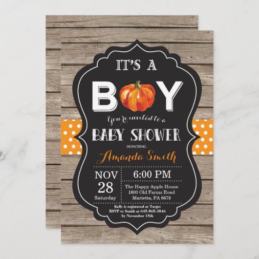Rustic Pumpkin Herfst Baby shower-uitnodigingskaar Kaart (Voorkant / Achterkant)