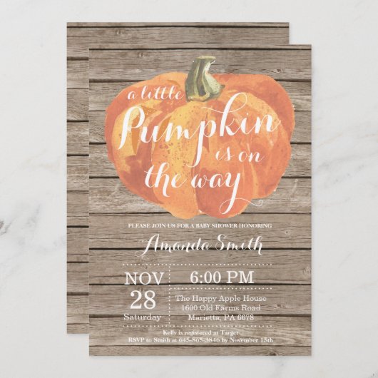 Rustic Pumpkin Herfst Baby shower-uitnodigingskaar Kaart (Voorkant / Achterkant)