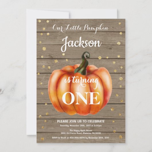 Rustic Pumpkin Herfst Birthday Invitation Gold Kaart (Voorkant)