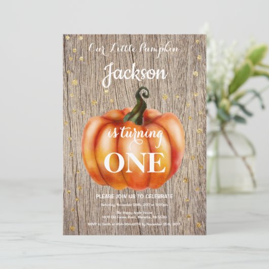 Rustic Pumpkin Herfst Birthday Invitation Gold Kaart (Staand voorkant)