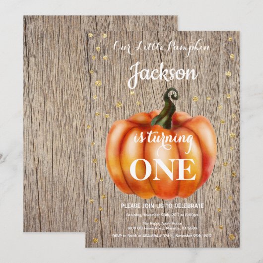 Rustic Pumpkin Herfst Birthday Invitation Gold Kaart (Voorkant / Achterkant)