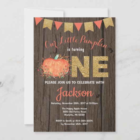 Rustic Pumpkin Herfst Birthday Invitation Gold Kaart (Voorkant)
