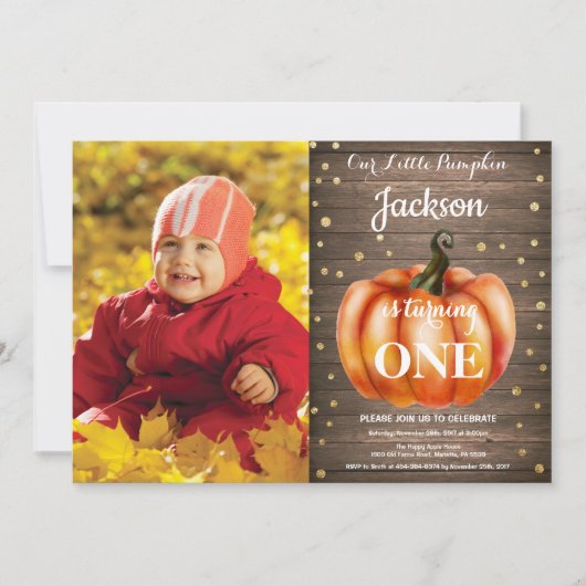 Rustic Pumpkin Herfst Birthday Invitation Gold Kaart (Voorkant)