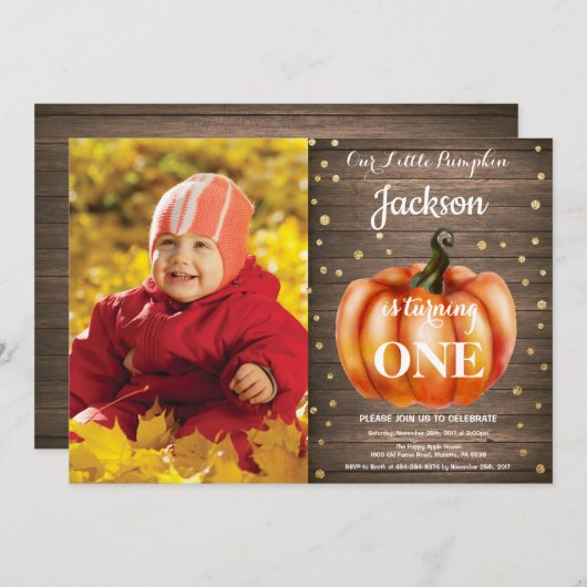 Rustic Pumpkin Herfst Birthday Invitation Gold Kaart (Voorkant / Achterkant)