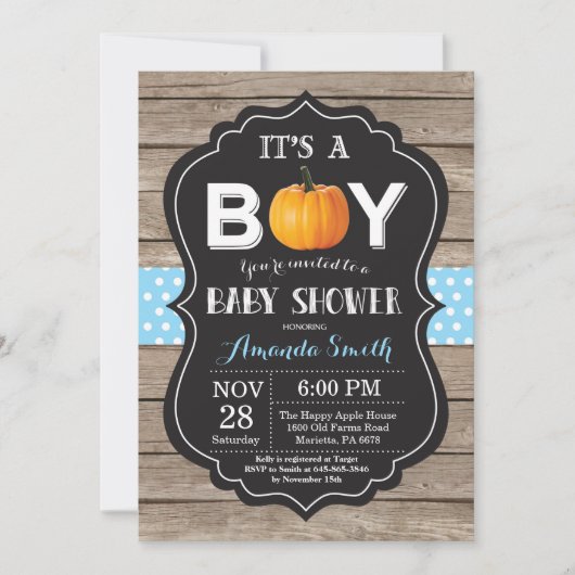 Rustic Pumpkin Herfst Blue Baby shower Invitation Kaart (Voorkant)