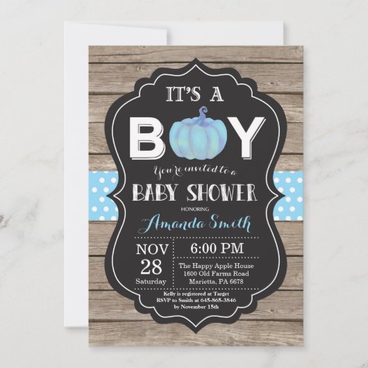 Rustic Pumpkin Herfst Blue Baby shower Invitation Kaart (Voorkant)