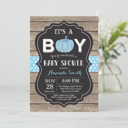 Rustic Pumpkin Herfst Blue Baby shower Invitation Kaart (Staand voorkant)