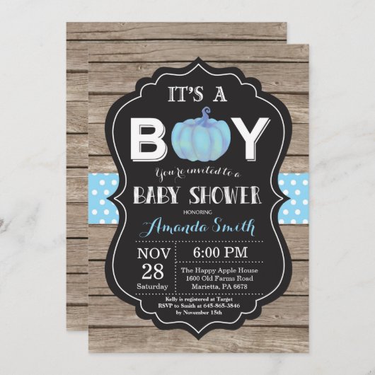 Rustic Pumpkin Herfst Blue Baby shower Invitation Kaart (Voorkant / Achterkant)