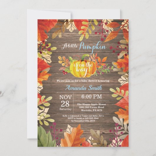 Rustic Pumpkin Herfst Boy Baby shower Uitnodiging (Voorkant)
