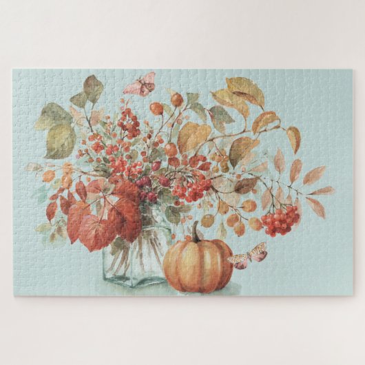 Rustic Pumpkin Herfst Foliage Bouquet Waterverf Legpuzzel (Horizontaal)