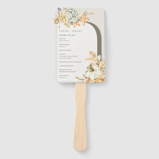 Rustic Pumpkin Leafy Floral Arch Wedding Programme Handwaaier (Voorkant)