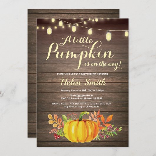 Rustic Pumpkin Mason Jar String Lights Baby shower Kaart (Voorkant / Achterkant)