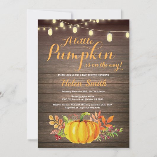 Rustic Pumpkin Mason Jar String Lights Baby shower Kaart (Voorkant)