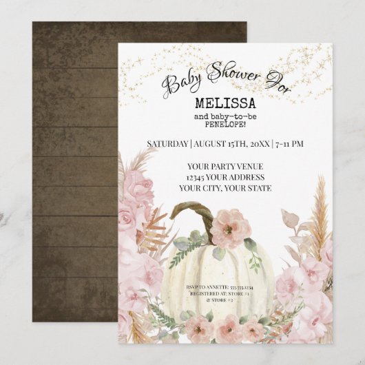 Rustic Pumpkin Pampas Grass Pink Girl Baby shower Kaart (Voorkant / Achterkant)