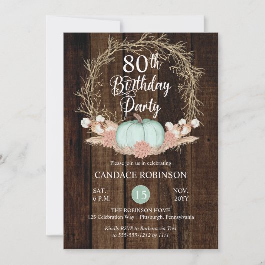 Rustic Pumpkin Pampas Wreath 80th Birthday Party I Kaart (Voorkant)