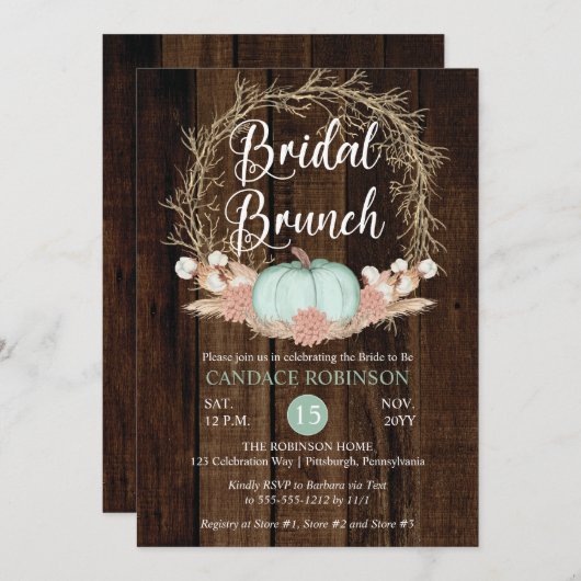 Rustic Pumpkin Pampas Wreath Bridal Brunch Invitat Kaart (Voorkant / Achterkant)