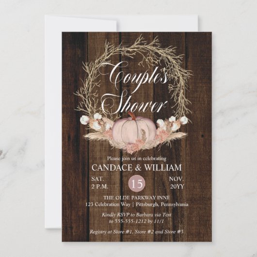 Rustic Pumpkin Pampas Wreath Couple's Shower Kaart (Voorkant)
