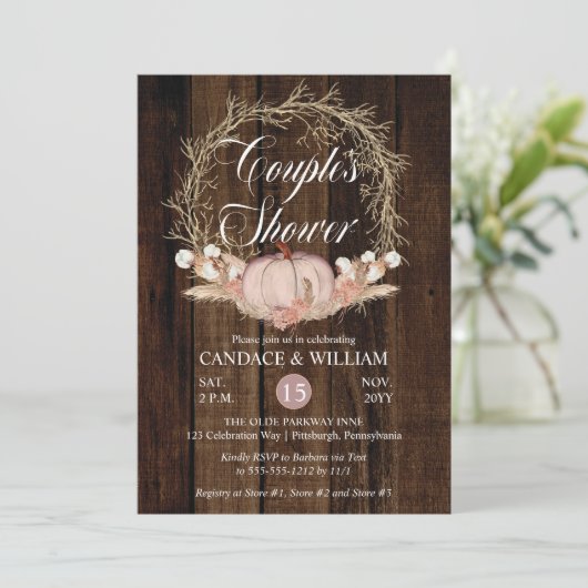 Rustic Pumpkin Pampas Wreath Couple's Shower Kaart (Staand voorkant)