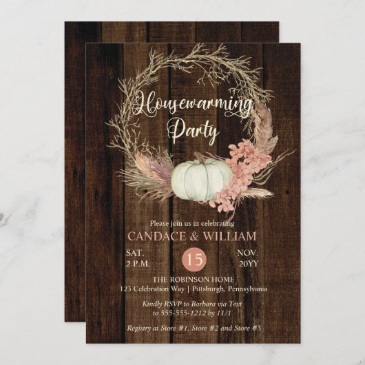 Rustic Pumpkin Pampas Wreath Housewarming Party in Kaart (Voorkant / Achterkant)