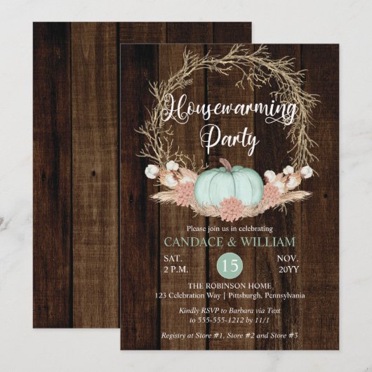 Rustic Pumpkin Pampas Wreath Housewarming Party Kaart (Voorkant / Achterkant)