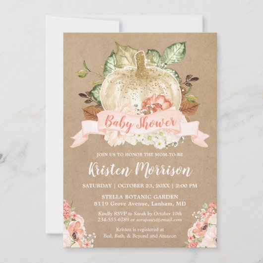 Rustic Pumpkin Peach Floral Herfst Baby shower Kaart (Voorkant)