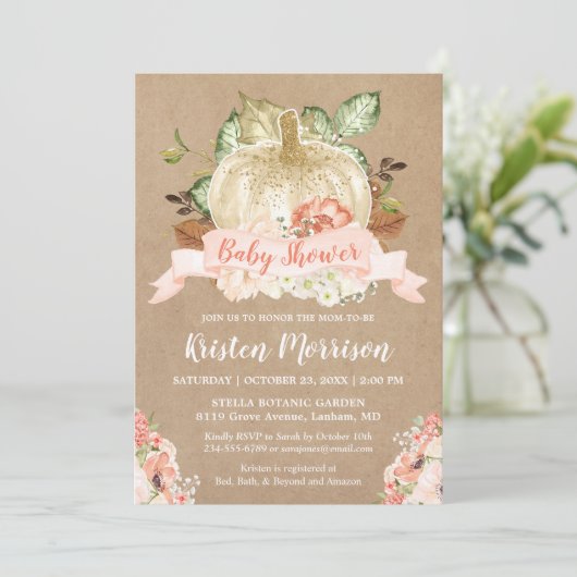 Rustic Pumpkin Peach Floral Herfst Baby shower Kaart (Staand voorkant)