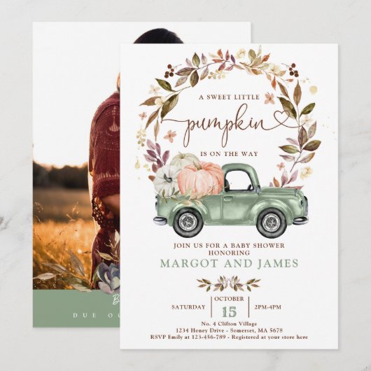 Rustic Pumpkin Pickup Truck Sage Green Baby shower Kaart (Voorkant / Achterkant)