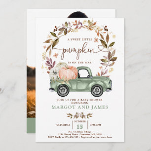 Rustic Pumpkin Pickup Truck Sage Green Baby shower Kaart