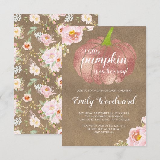 Rustic Pumpkin Pink Floral Girl Baby shower Kaart (Voorkant / Achterkant)