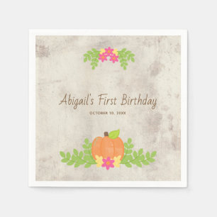 Rustic Pumpkin Pink Flowers First Birthday Servet