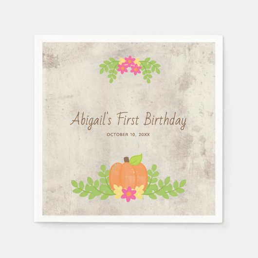 Rustic Pumpkin Pink Flowers First Birthday Servet (Voorkant)