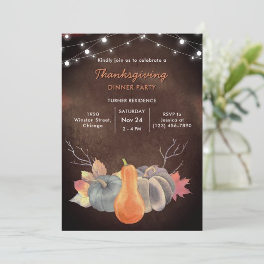 Rustic Pumpkin String Lights Foliage Thanksgiving Kaart (Staand voorkant)
