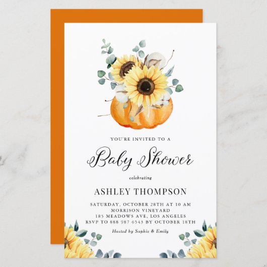 Rustic Pumpkin Sunflower Baby shower Uitnodiging (Voorkant / Achterkant)