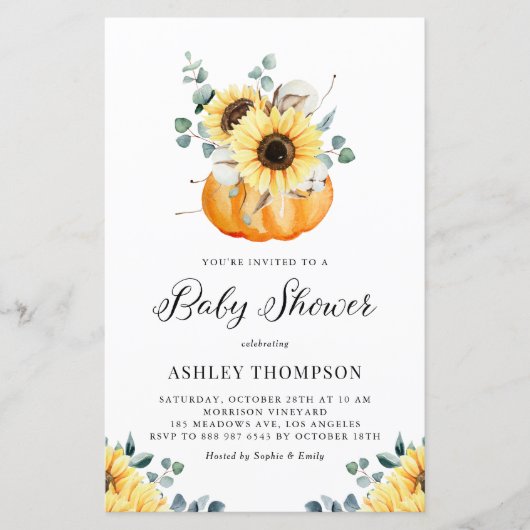 Rustic Pumpkin Sunflower Baby shower Uitnodiging (Voorkant)