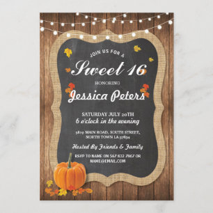 Rustic Pumpkin Sweet 16 Party Chalk Wood Invite Kaart