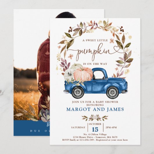 Rustic Pumpkin Truck Classic Blue Baby shower Kaart (Voorkant / Achterkant)